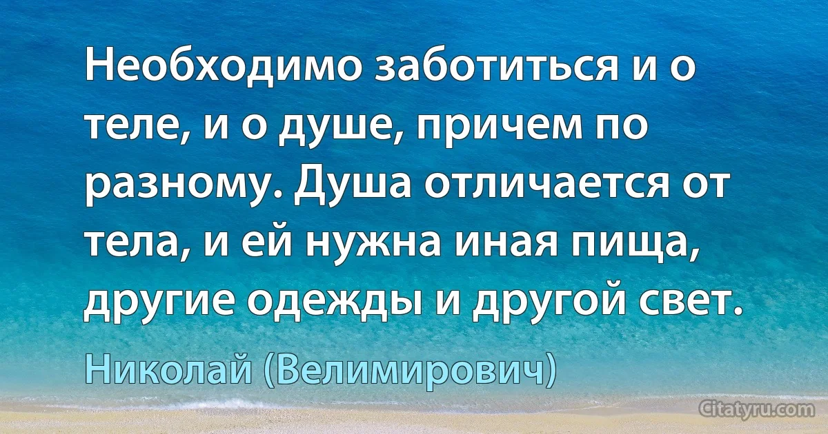 Необходимо заботиться и о теле, и о душе, причем по разному. Душа отличается от тела, и ей нужна иная пища, другие одежды и другой свет. (Николай (Велимирович))