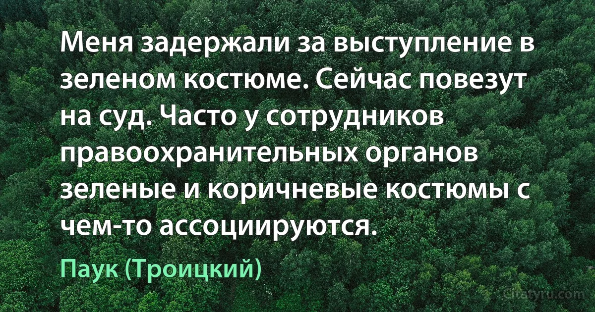 Меня задержали за выступление в зеленом костюме. Сейчас повезут на суд. Часто у сотрудников правоохранительных органов зеленые и коричневые костюмы с чем-то ассоциируются. (Паук (Троицкий))