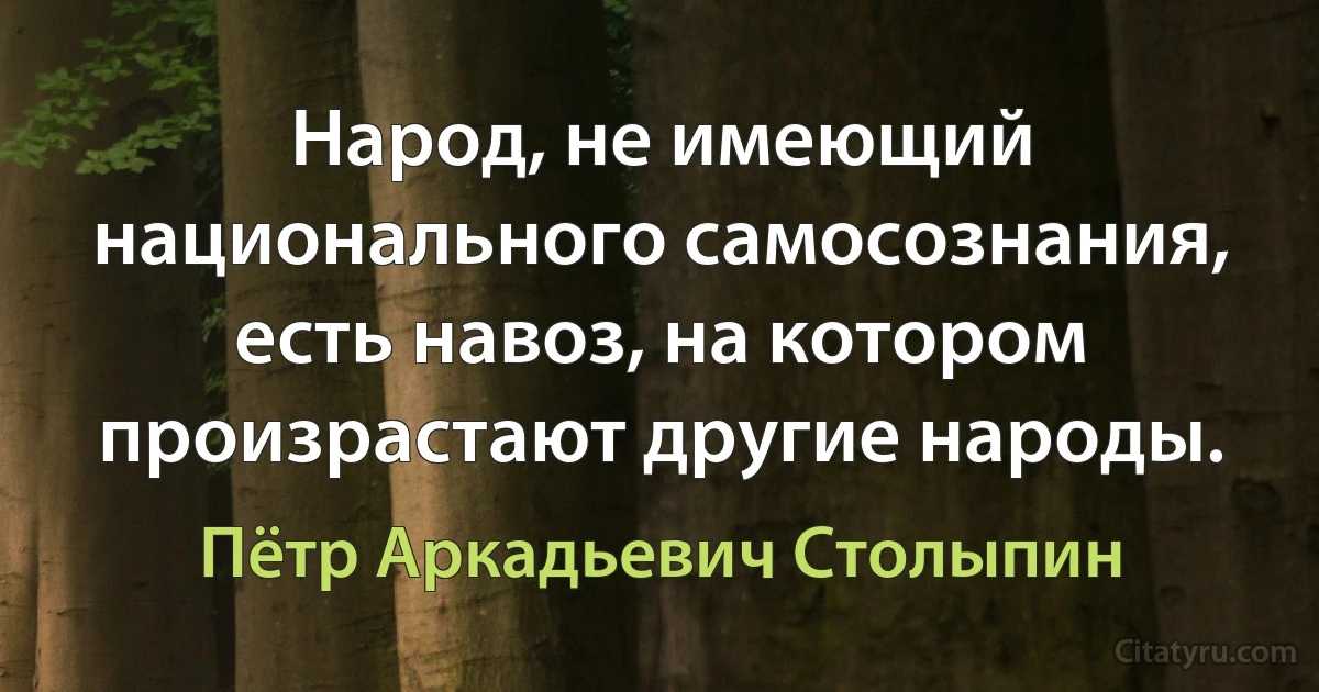 Народ, не имеющий национального самосознания, есть навоз, на котором произрастают другие народы. (Пётр Аркадьевич Столыпин)