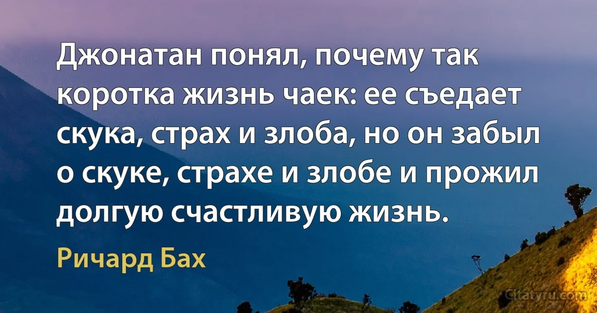 Джонатан понял, почему так коротка жизнь чаек: ее съедает скука, страх и злоба, но он забыл о скуке, страхе и злобе и прожил долгую счастливую жизнь. (Ричард Бах)