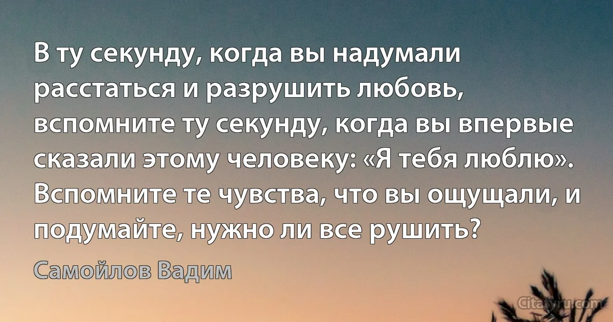 В ту секунду, когда вы надумали расстаться и разрушить любовь, вспомните ту секунду, когда вы впервые сказали этому человеку: «Я тебя люблю». Вспомните те чувства, что вы ощущали, и подумайте, нужно ли все рушить? (Самойлов Вадим)