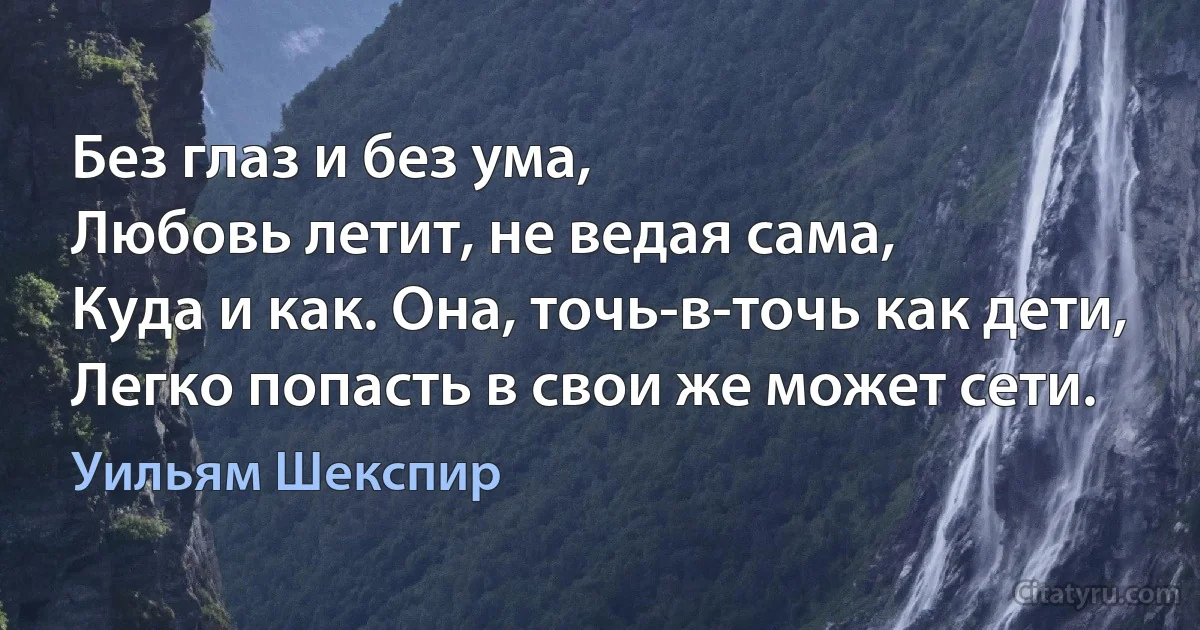 Без глаз и без ума,
Любовь летит, не ведая сама,
Куда и как. Она, точь-в-точь как дети,
Легко попасть в свои же может сети. (Уильям Шекспир)