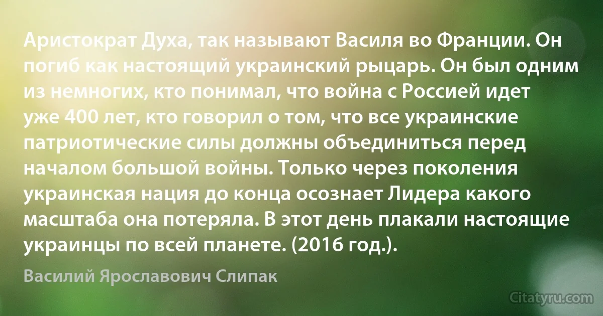 Аристократ Духа, так называют Василя во Франции. Он погиб как настоящий украинский рыцарь. Он был одним из немногих, кто понимал, что война с Россией идет уже 400 лет, кто говорил о том, что все украинские патриотические силы должны объединиться перед началом большой войны. Только через поколения украинская нация до конца осознает Лидера какого масштаба она потеряла. В этот день плакали настоящие украинцы по всей планете. (2016 год.). (Василий Ярославович Слипак)