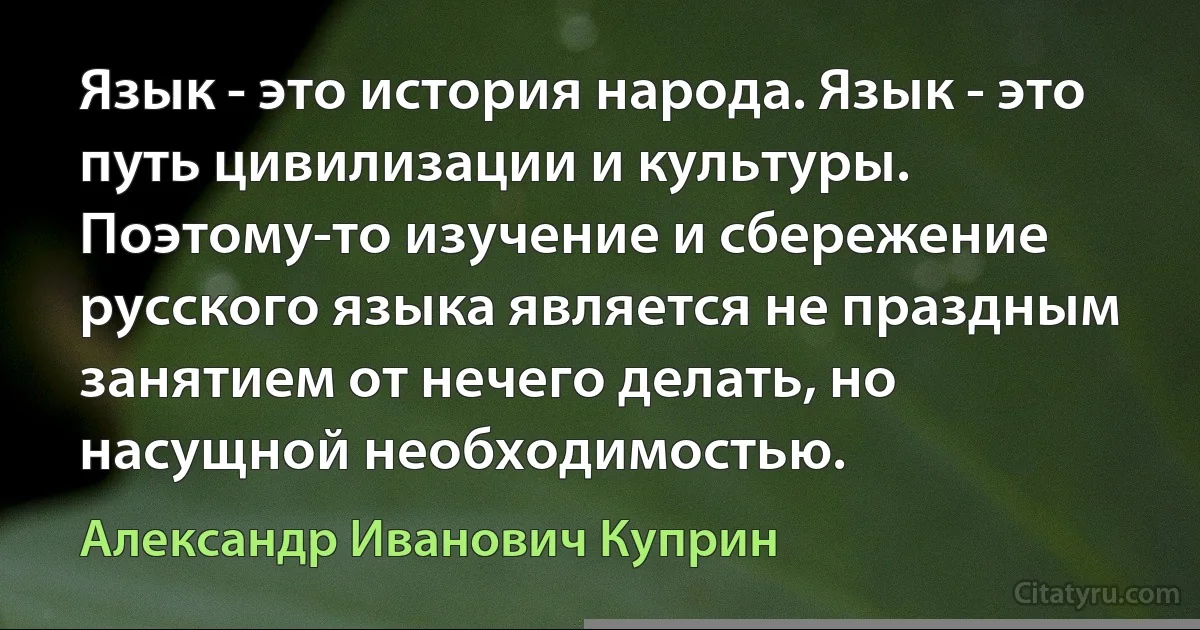 Язык - это история народа. Язык - это путь цивилизации и культуры. Поэтому-то изучение и сбережение русского языка является не праздным занятием от нечего делать, но насущной необходимостью. (Александр Иванович Куприн)