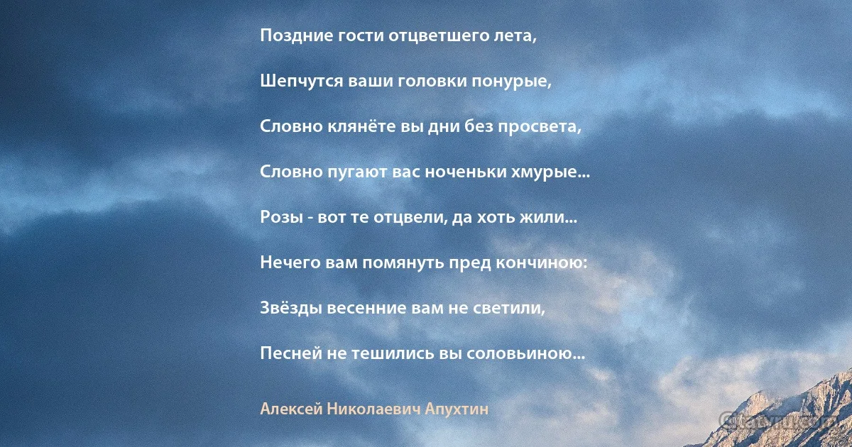 Поздние гости отцветшего лета,

Шепчутся ваши головки понурые,

Словно клянёте вы дни без просвета,

Словно пугают вас ноченьки хмурые...

Розы - вот те отцвели, да хоть жили...

Нечего вам помянуть пред кончиною:

Звёзды весенние вам не светили,

Песней не тешились вы соловьиною... (Алексей Николаевич Апухтин)