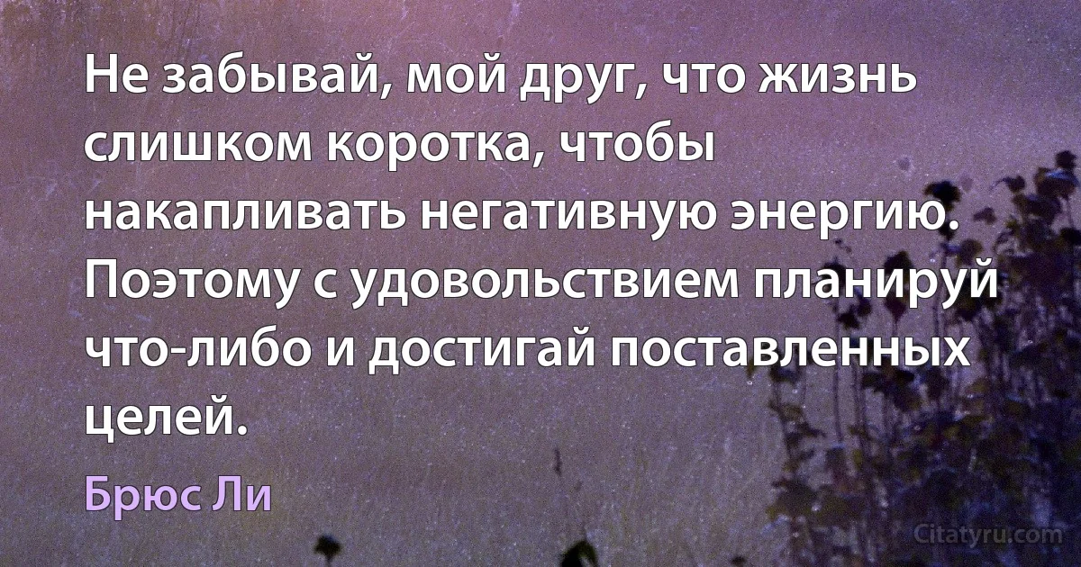 Не забывай, мой друг, что жизнь слишком коротка, чтобы накапливать негативную энергию. Поэтому с удовольствием планируй что-либо и достигай поставленных целей. (Брюс Ли)