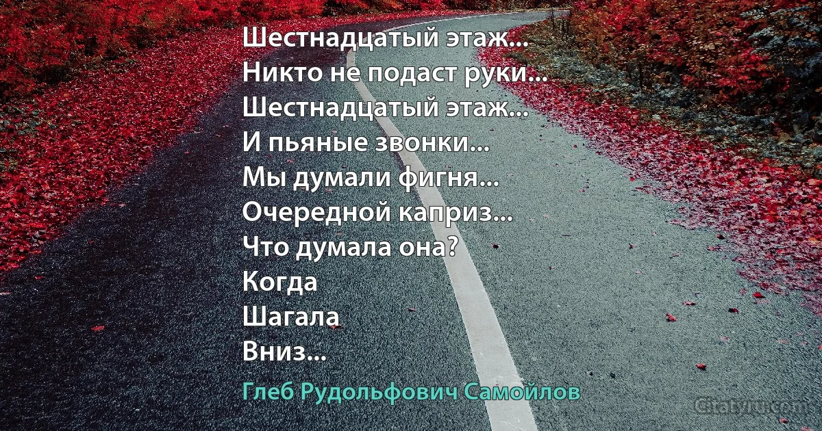 Шестнадцатый этаж...
Никто не подаст руки...
Шестнадцатый этаж...
И пьяные звонки...
Мы думали фигня...
Очередной каприз...
Что думала она?
Когда
Шагала
Вниз... (Глеб Рудольфович Самойлов)