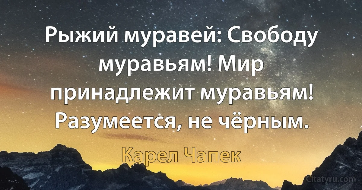 Рыжий муравей: Свободу муравьям! Мир принадлежит муравьям! Разумеется, не чёрным. (Карел Чапек)