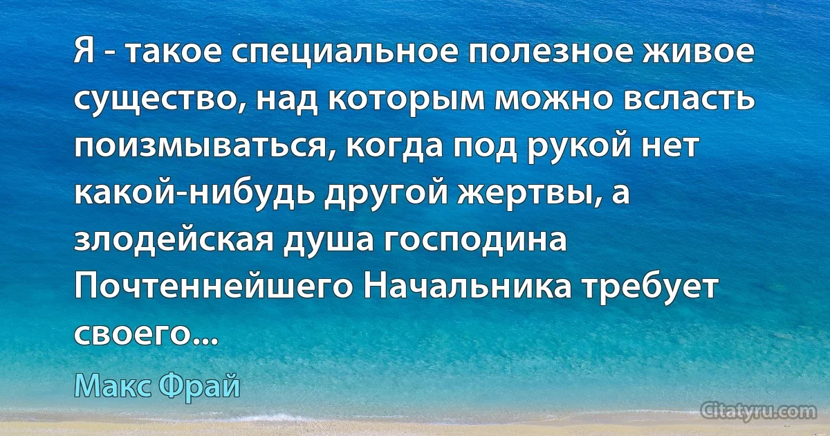 Я - такое специальное полезное живое существо, над которым можно всласть поизмываться, когда под рукой нет какой-нибудь другой жертвы, а злодейская душа господина Почтеннейшего Начальника требует своего... (Макс Фрай)