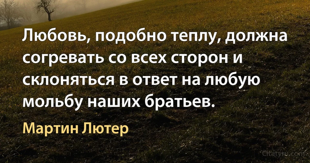 Любовь, подобно теплу, должна согревать со всех сторон и склоняться в ответ на любую мольбу наших братьев. (Мартин Лютер)