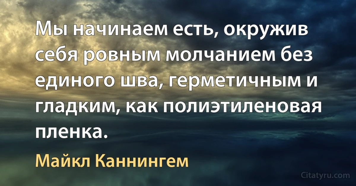 Мы начинаем есть, окружив себя ровным молчанием без единого шва, герметичным и гладким, как полиэтиленовая пленка. (Майкл Каннингем)