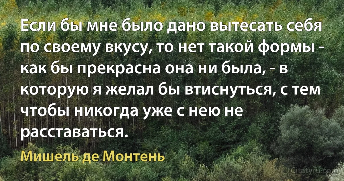 Если бы мне было дано вытесать себя по своему вкусу, то нет такой формы - как бы прекрасна она ни была, - в которую я желал бы втиснуться, с тем чтобы никогда уже с нею не расставаться. (Мишель де Монтень)