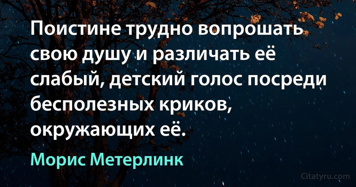 Поистине трудно вопрошать свою душу и различать её слабый, детский голос посреди бесполезных криков, окружающих её. (Морис Метерлинк)