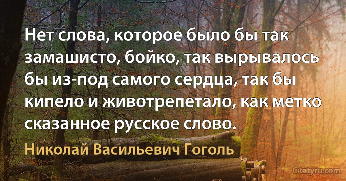 Нет слова, которое было бы так замашисто, бойко, так вырывалось бы из-под самого сердца, так бы кипело и животрепетало, как метко сказанное русское слово. (Николай Васильевич Гоголь)