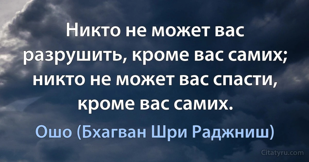 Никто не может вас разрушить, кроме вас самих; никто не может вас спасти, кроме вас самих. (Ошо (Бхагван Шри Раджниш))