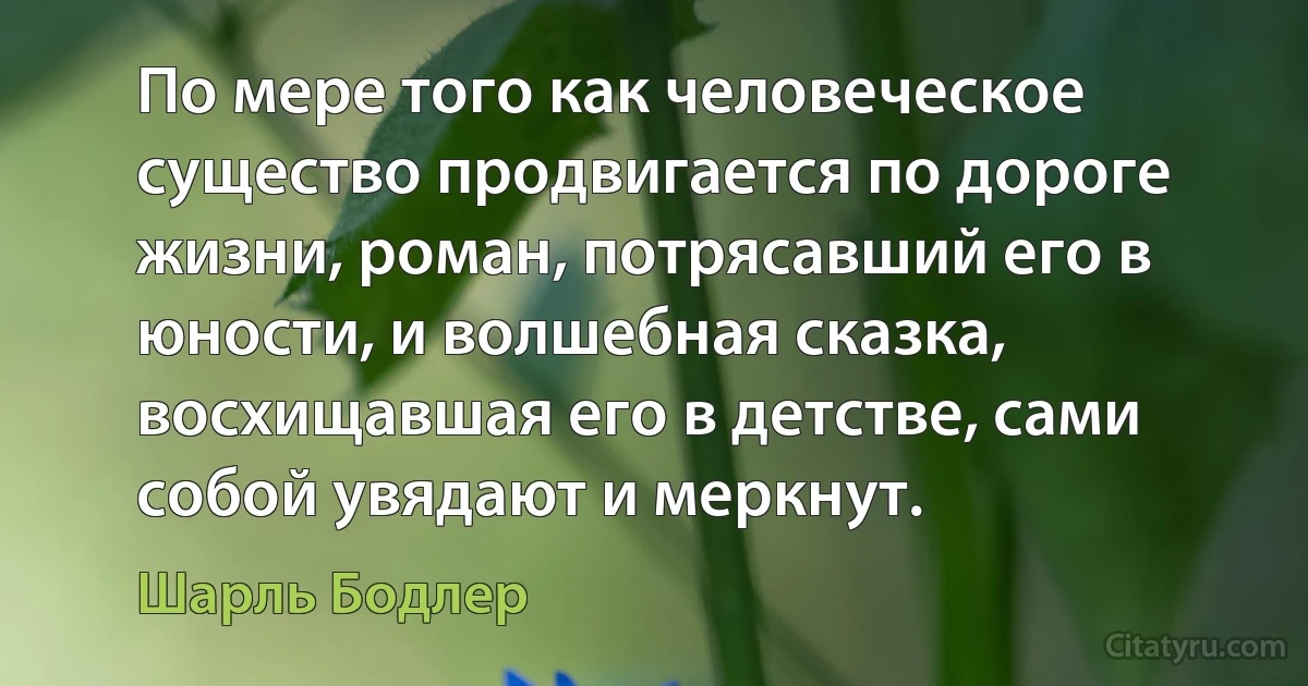 По мере того как человеческое существо продвигается по дороге жизни, роман, потрясавший его в юности, и волшебная сказка, восхищавшая его в детстве, сами собой увядают и меркнут. (Шарль Бодлер)