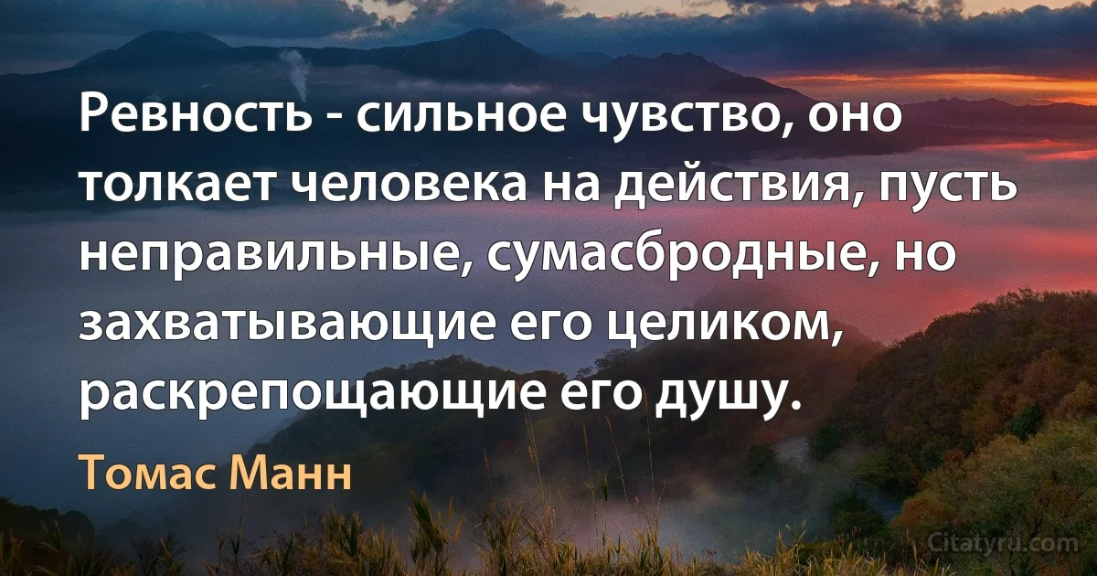 Ревность - сильное чувство, оно толкает человека на действия, пусть неправильные, сумасбродные, но захватывающие его целиком, раскрепощающие его душу. (Томас Манн)