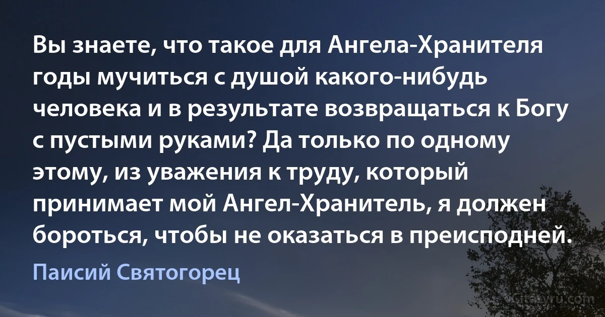 Вы знаете, что такое для Ангела-Хранителя годы мучиться с душой какого-нибудь человека и в результате возвращаться к Богу с пустыми руками? Да только по одному этому, из уважения к труду, который принимает мой Ангел-Хранитель, я должен бороться, чтобы не оказаться в преисподней. (Паисий Святогорец)