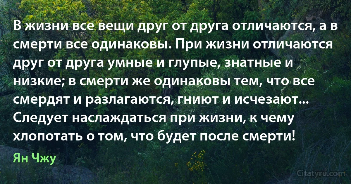 В жизни все вещи друг от друга отличаются, а в смерти все одинаковы. При жизни отличаются друг от друга умные и глупые, знатные и низкие; в смерти же одинаковы тем, что все смердят и разлагаются, гниют и исчезают... Следует наслаждаться при жизни, к чему хлопотать о том, что будет после смерти! (Ян Чжу)