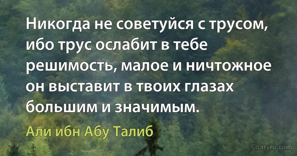 Никогда не советуйся с трусом, ибо трус ослабит в тебе решимость, малое и ничтожное он выставит в твоих глазах большим и значимым. (Али ибн Абу Талиб)