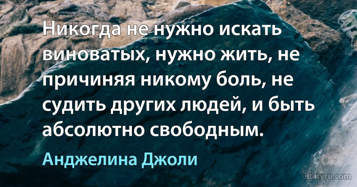 Никогда не нужно искать виноватых, нужно жить, не причиняя никому боль, не судить других людей, и быть абсолютно свободным. (Анджелина Джоли)