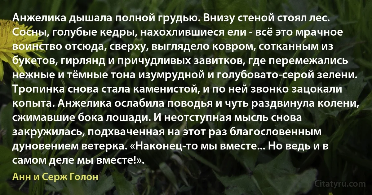 Анжелика дышала полной грудью. Внизу стеной стоял лес. Сосны, голубые кедры, нахохлившиеся ели - всё это мрачное воинство отсюда, сверху, выглядело ковром, сотканным из букетов, гирлянд и причудливых завитков, где перемежались нежные и тёмные тона изумрудной и голубовато-серой зелени. Тропинка снова стала каменистой, и по ней звонко зацокали копыта. Анжелика ослабила поводья и чуть раздвинула колени, сжимавшие бока лошади. И неотступная мысль снова закружилась, подхваченная на этот раз благословенным дуновением ветерка. «Наконец-то мы вместе... Но ведь и в самом деле мы вместе!». (Анн и Серж Голон)