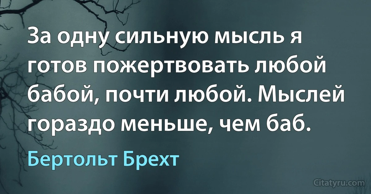 За одну сильную мысль я готов пожертвовать любой бабой, почти любой. Мыслей гораздо меньше, чем баб. (Бертольт Брехт)