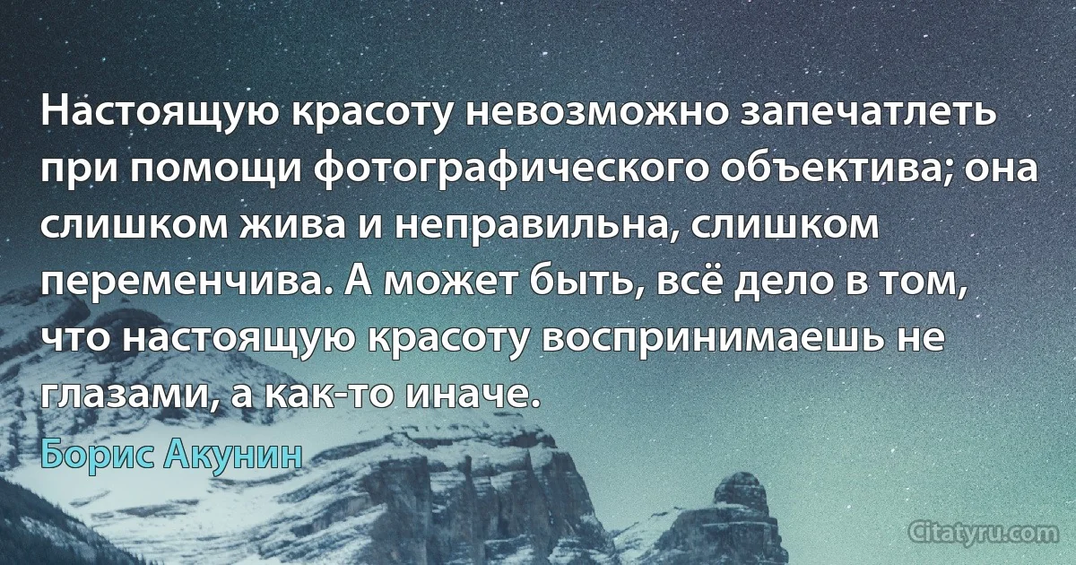 Настоящую красоту невозможно запечатлеть при помощи фотографического объектива; она слишком жива и неправильна, слишком переменчива. А может быть, всё дело в том, что настоящую красоту воспринимаешь не глазами, а как-то иначе. (Борис Акунин)