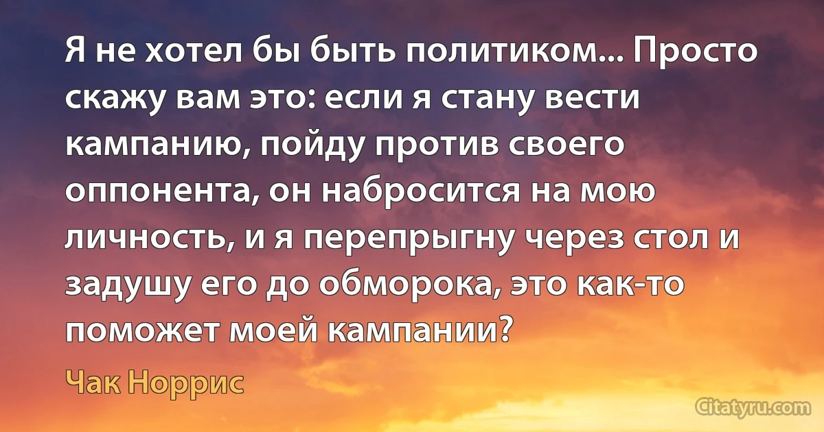 Я не хотел бы быть политиком... Просто скажу вам это: если я стану вести кампанию, пойду против своего оппонента, он набросится на мою личность, и я перепрыгну через стол и задушу его до обморока, это как-то поможет моей кампании? (Чак Норрис)