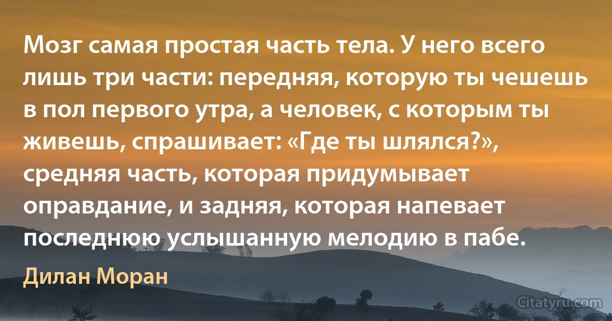 Мозг самая простая часть тела. У него всего лишь три части: передняя, которую ты чешешь в пол первого утра, а человек, с которым ты живешь, спрашивает: «Где ты шлялся?», средняя часть, которая придумывает оправдание, и задняя, которая напевает последнюю услышанную мелодию в пабе. (Дилан Моран)