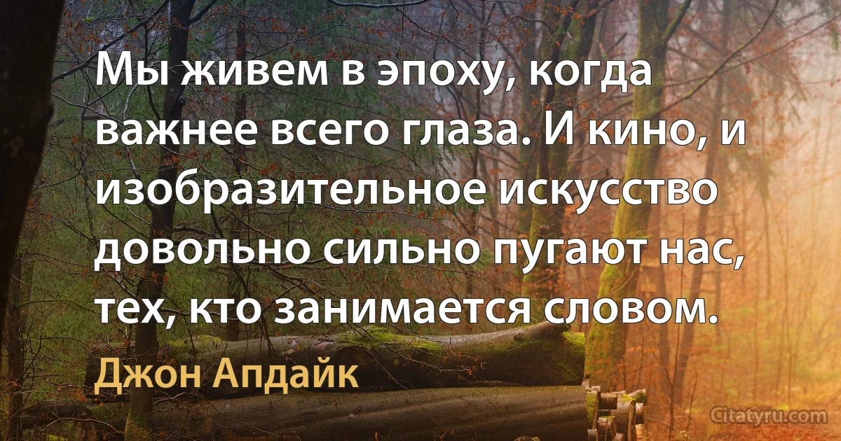 Мы живем в эпоху, когда важнее всего глаза. И кино, и изобразительное искусство довольно сильно пугают нас, тех, кто занимается словом. (Джон Апдайк)