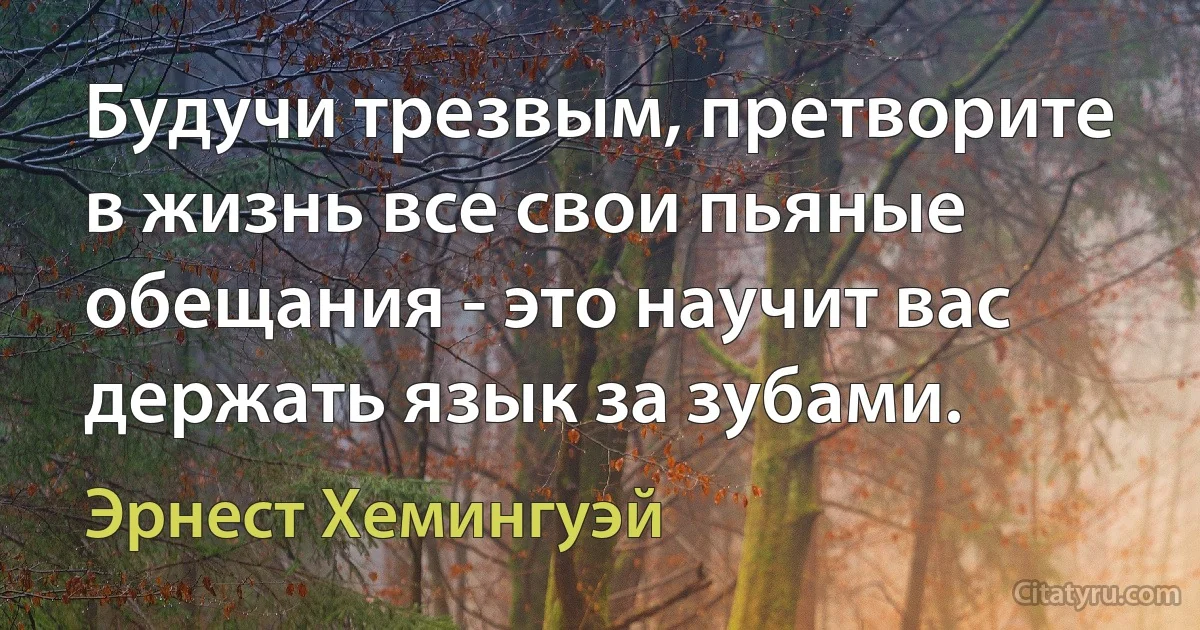 Будучи трезвым, претворите в жизнь все свои пьяные обещания - это научит вас держать язык за зубами. (Эрнест Хемингуэй)