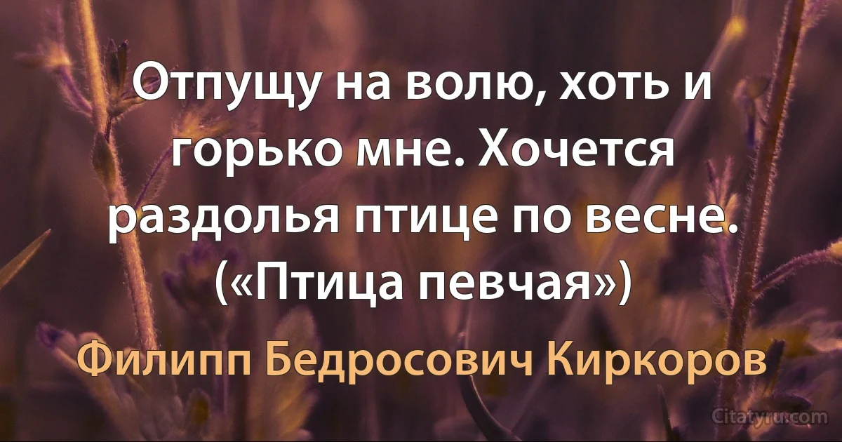 Отпущу на волю, хоть и горько мне. Хочется раздолья птице по весне. («Птица певчая») (Филипп Бедросович Киркоров)