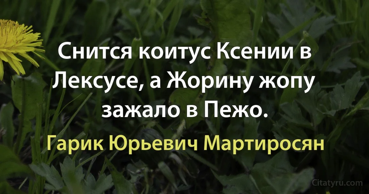 Снится коитус Ксении в Лексусе, а Жорину жопу зажало в Пежо. (Гарик Юрьевич Мартиросян)