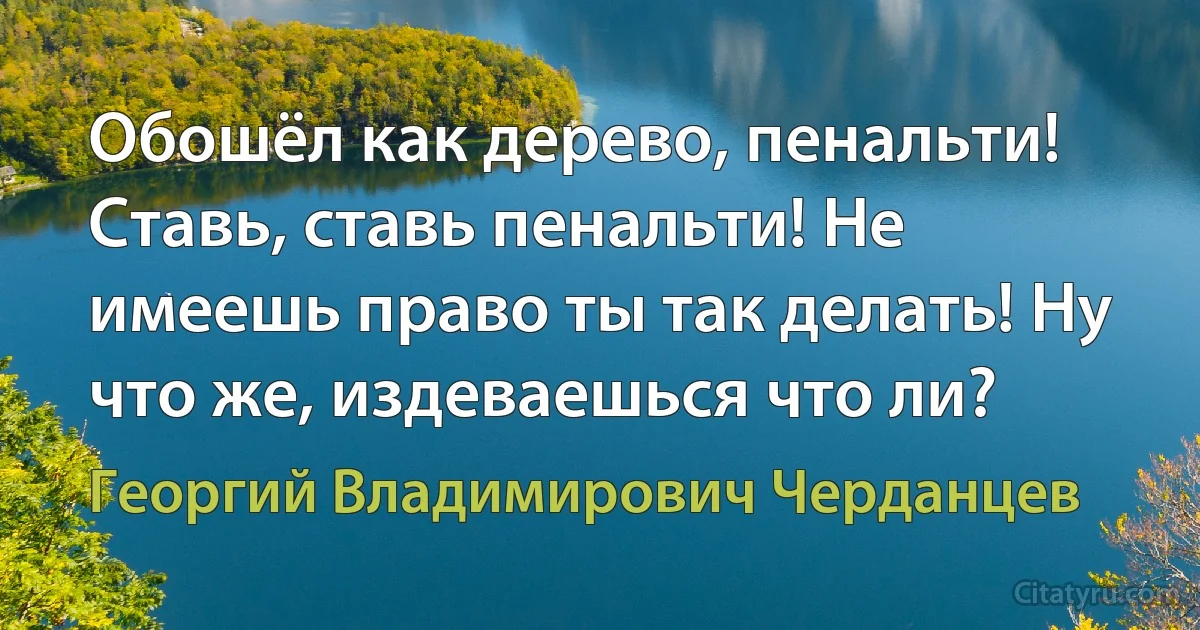 Обошёл как дерево, пенальти! Ставь, ставь пенальти! Не имеешь право ты так делать! Ну что же, издеваешься что ли? (Георгий Владимирович Черданцев)