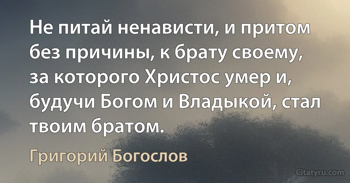 Не питай ненависти, и притом без причины, к брату своему, за которого Христос умер и, будучи Богом и Владыкой, стал твоим братом. (Григорий Богослов)