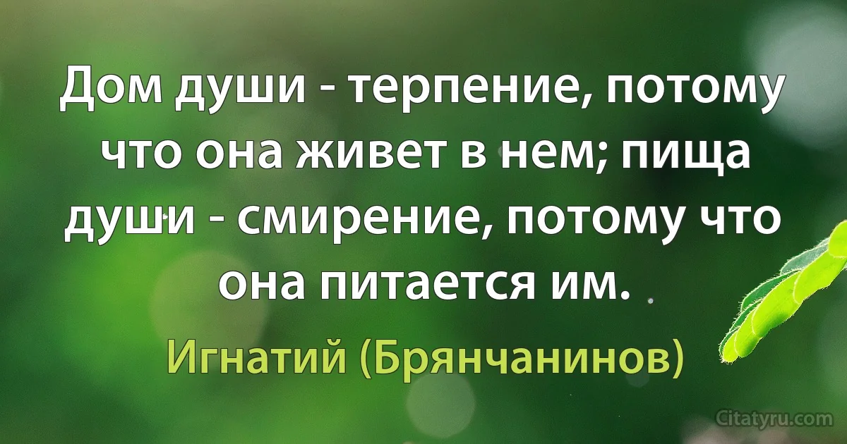 Дом души - терпение, потому что она живет в нем; пища души - смирение, потому что она питается им. (Игнатий (Брянчанинов))