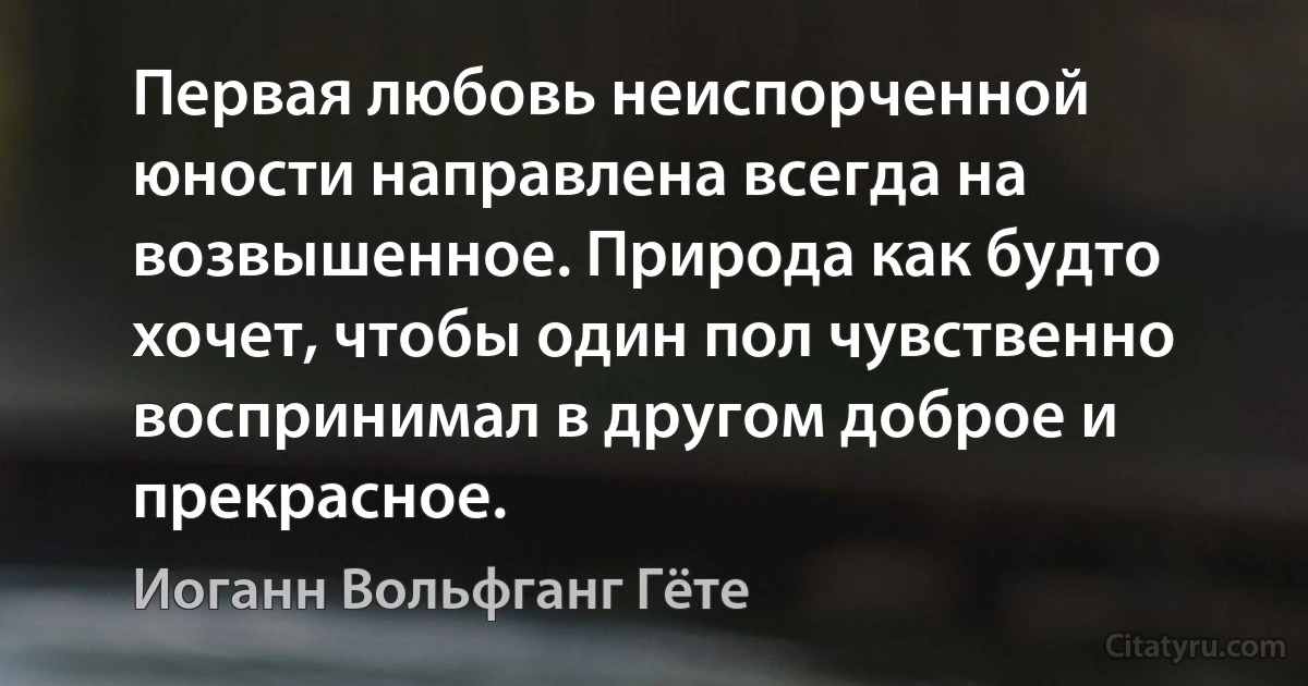 Первая любовь неиспорченной юности направлена всегда на возвышенное. Природа как будто хочет, чтобы один пол чувственно воспринимал в другом доброе и прекрасное. (Иоганн Вольфганг Гёте)