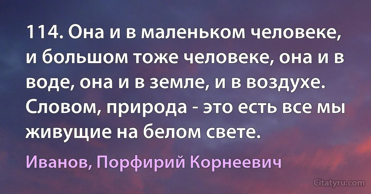 114. Она и в маленьком человеке, и большом тоже человеке, она и в воде, она и в земле, и в воздухе. Словом, природа - это есть все мы живущие на белом свете. (Иванов, Порфирий Корнеевич)