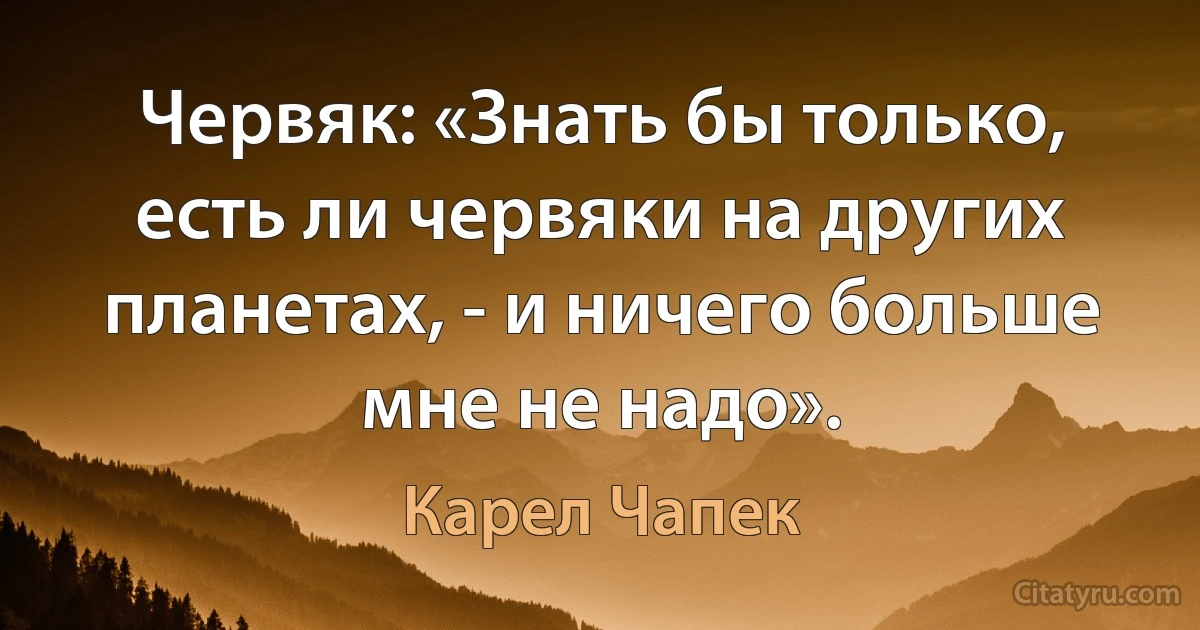 Червяк: «Знать бы только, есть ли червяки на других планетах, - и ничего больше мне не надо». (Карел Чапек)