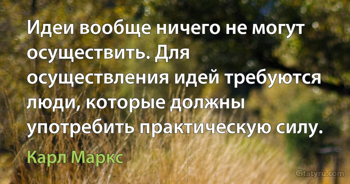 Идеи вообще ничего не могут осуществить. Для осуществления идей требуются люди, которые должны употребить практическую силу. (Карл Маркс)