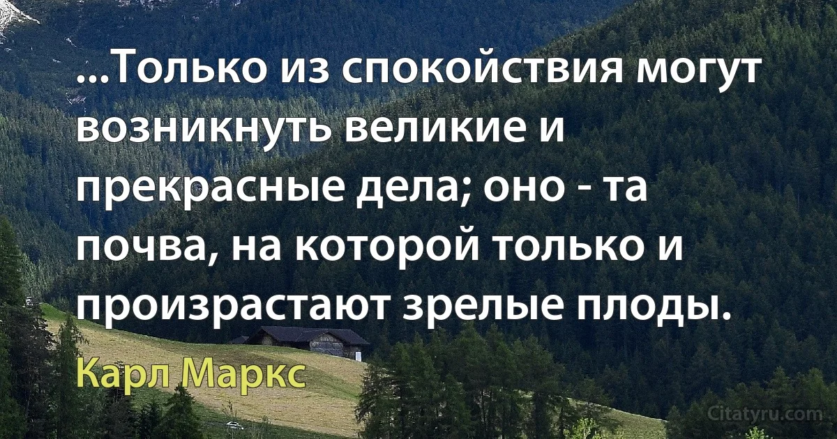 ...Только из спокойствия могут возникнуть великие и прекрасные дела; оно - та почва, на которой только и произрастают зрелые плоды. (Карл Маркс)