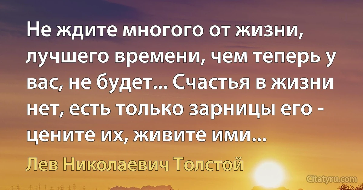 Не ждите многого от жизни, лучшего времени, чем теперь у вас, не будет... Счастья в жизни нет, есть только зарницы его - цените их, живите ими... (Лев Николаевич Толстой)