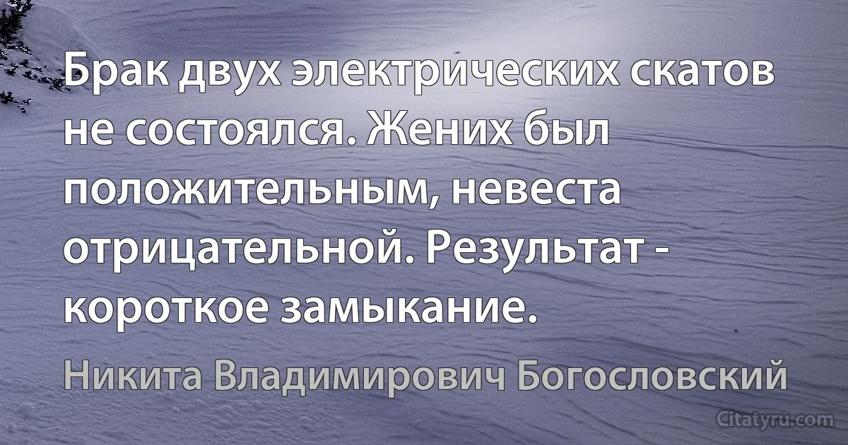 Брак двух электрических скатов не состоялся. Жених был положительным, невеста отрицательной. Результат - короткое замыкание. (Никита Владимирович Богословский)