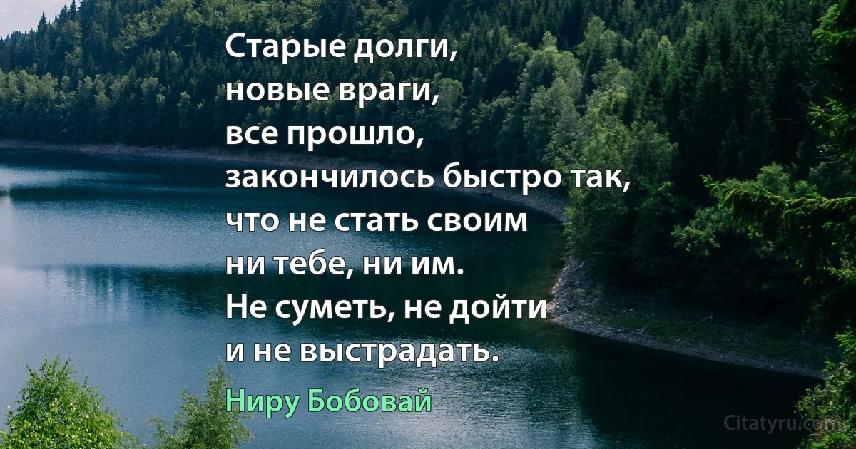 Старые долги,
новые враги,
все прошло,
закончилось быстро так,
что не стать своим
ни тебе, ни им.
Не суметь, не дойти
и не выстрадать. (Ниру Бобовай)