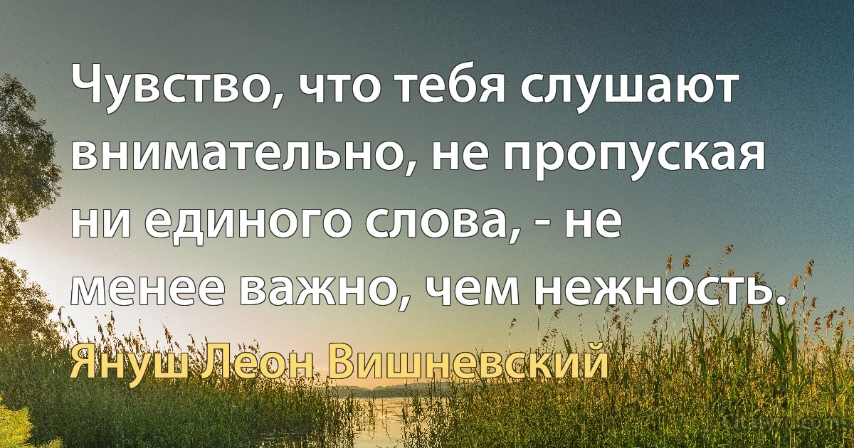 Чувство, что тебя слушают внимательно, не пропуская ни единого слова, - не менее важно, чем нежность. (Януш Леон Вишневский)