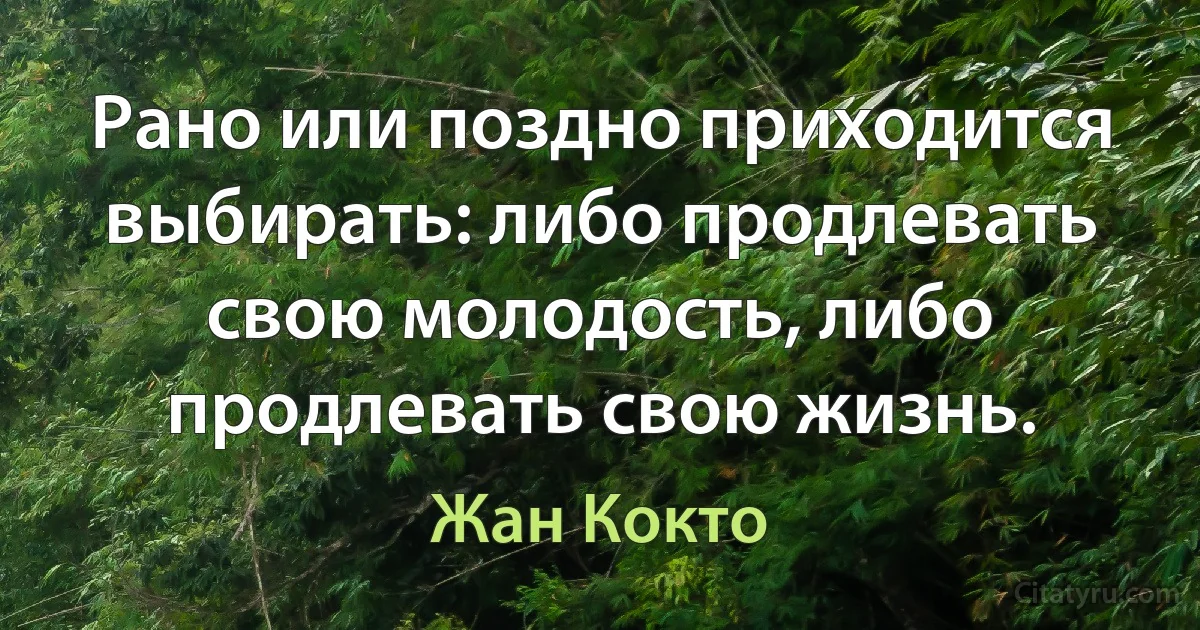 Рано или поздно приходится выбирать: либо продлевать свою молодость, либо продлевать свою жизнь. (Жан Кокто)