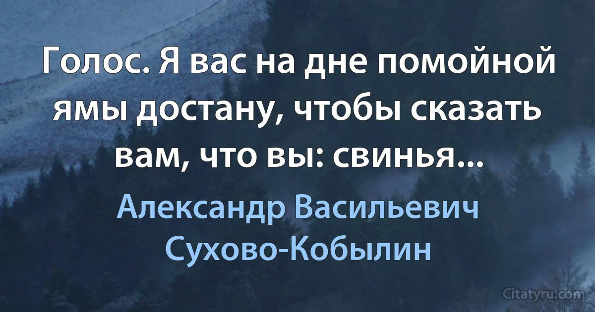 Голос. Я вас на дне помойной ямы достану, чтобы сказать вам, что вы: свинья... (Александр Васильевич Сухово-Кобылин)