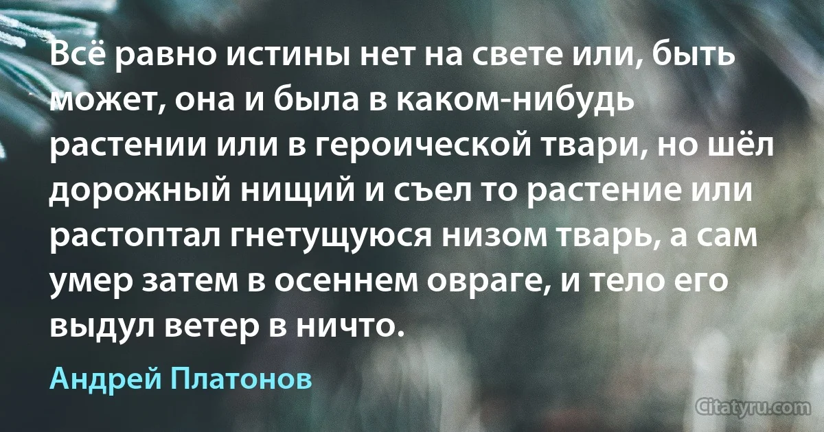 Всё равно истины нет на свете или, быть может, она и была в каком-нибудь растении или в героической твари, но шёл дорожный нищий и съел то растение или растоптал гнетущуюся низом тварь, а сам умер затем в осеннем овраге, и тело его выдул ветер в ничто. (Андрей Платонов)