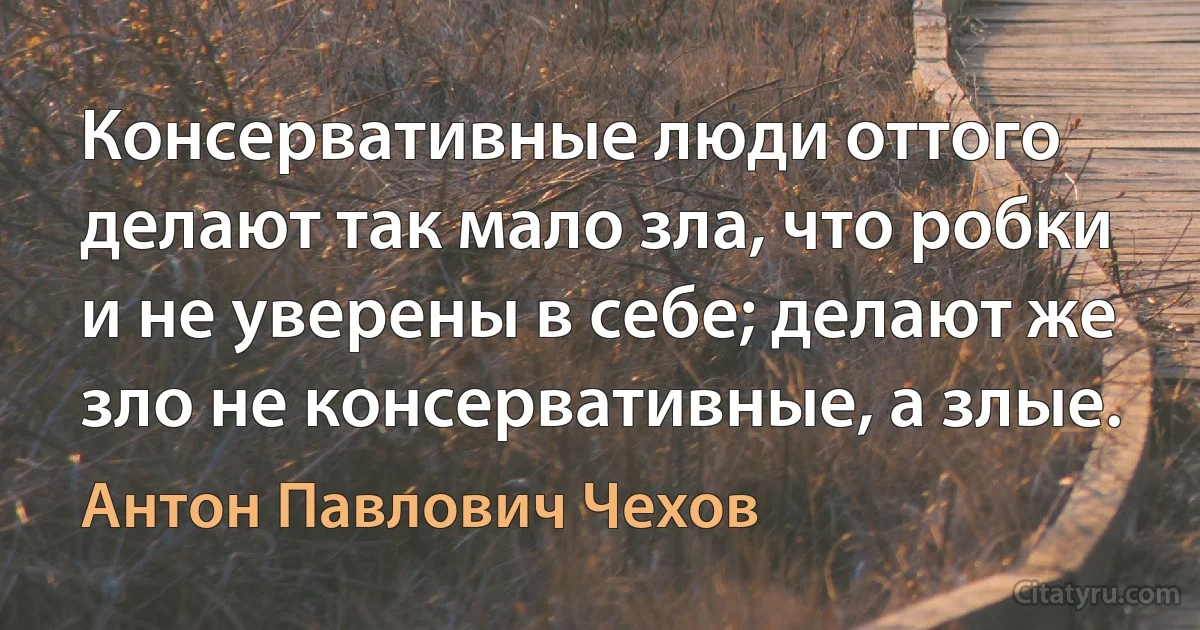 Консервативные люди оттого делают так мало зла, что робки и не уверены в себе; делают же зло не консервативные, а злые. (Антон Павлович Чехов)